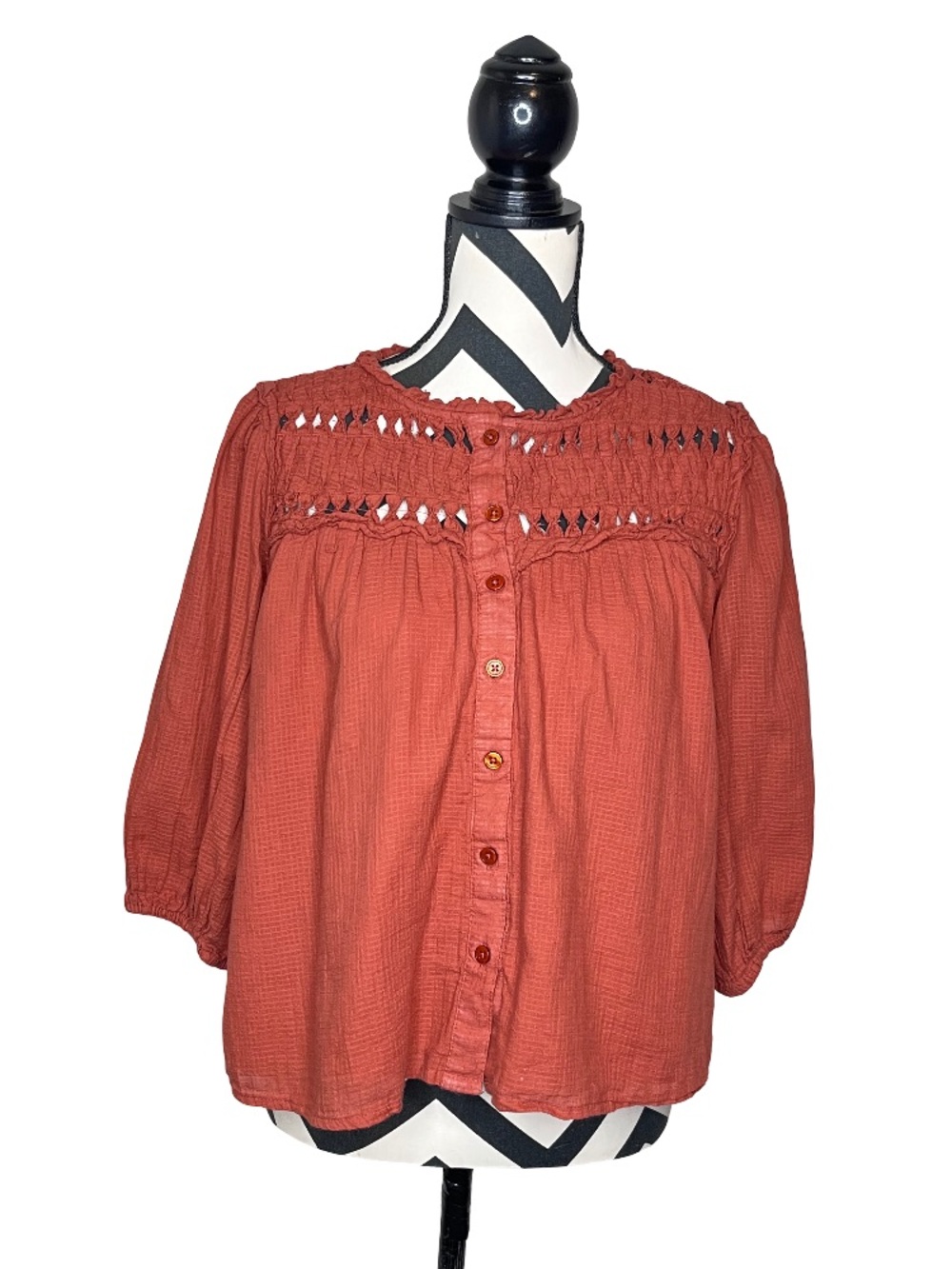 Calypso St. Barth Sz L Rust Smocked Gauze Cotton Boho Balloon Sleeve Blouse